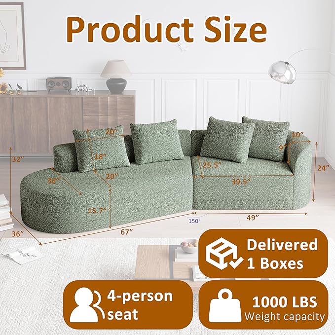 112" Modern Cloud Sectional Sofa, Chenille 4-Seater Curved Couch with 4 Pillows, Extra Deep & Wide Seat, No-Assembly Compressed Upholstered Living Room Sofa for Bedroom,Apartment,Green Right