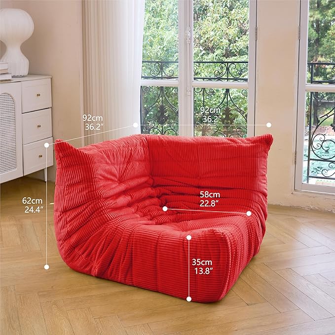 N&V Fireside Corner Chair, Mid Century Armless Floor Sofa, Soft Premium Corduroy Floor Lounge Chair, Foam Sofa Accent Chair for Living Room Bedroom and Office (Red)