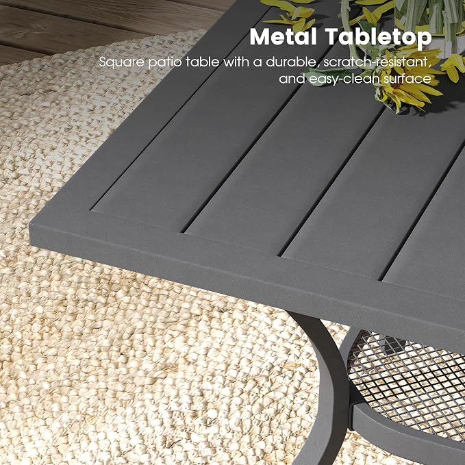 DIFY 5 Pieces Outdoor Dining Table Chair Set, Patio Dining Set with 1 Grey Square Curved Legs Table with and Umbrella Hole & 4 Grey Stackable with Armrests Chairs for Lawn, Garden, Porch - Image 6