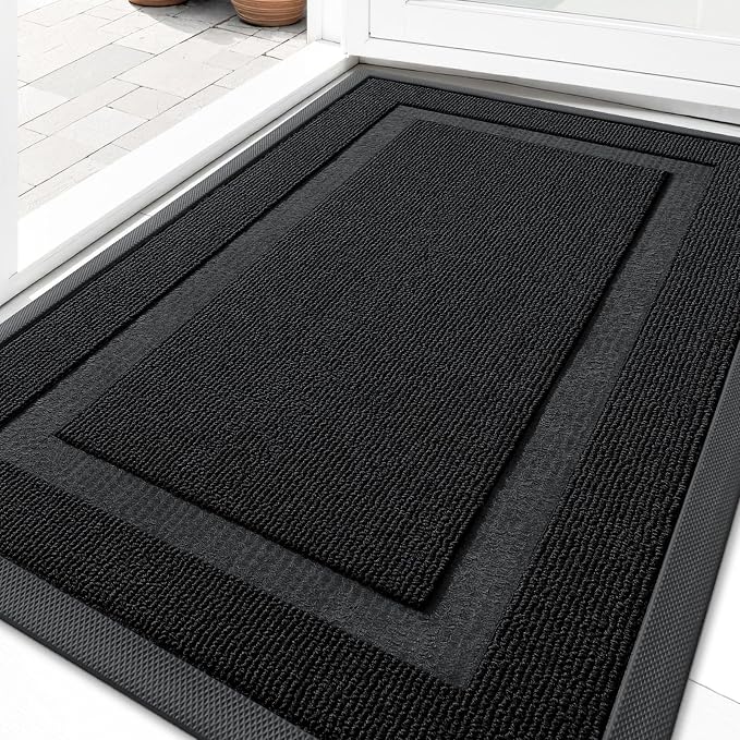 OLANLY Front Door Mat Indoor Outdoor Entrance, Waterproof All-Season, All-Weather Doormat, Sturdy Natural Rubber, Low Profile, Easy Clean Patio Porch Entryway Mat, 33x21, Jet Black by OLANLY