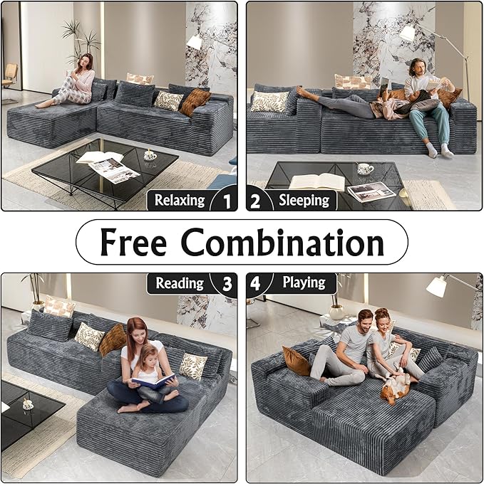 Grey sectional couches for Living Room-Corduroy Couch，104" Cloud Sectional Couch with L-Shape Chaise， Modern Modular Sofa, Deep Seat Comfort, No Assembly Required(Plush Corduroy Fabric)