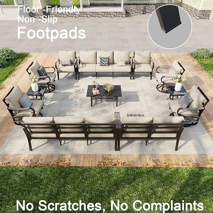12-Piece Outdoor Patio Conversation Sets, Rope Outdoor Furniture Set Metal 2 Three-Seater Couch, 4 Swivel Rockers with 2 Side Tables, Loveseat Sofa Single Chairs with Coffee Table, Beige