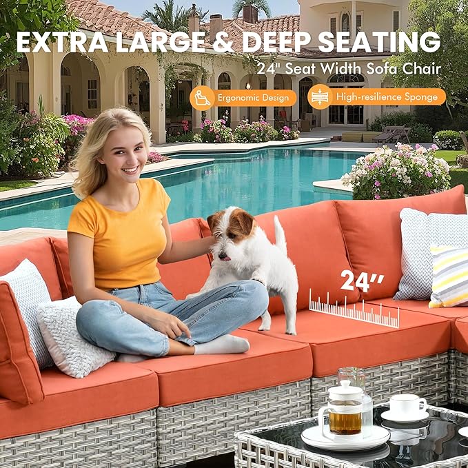 Outdoor Sectional Patio Furniture Set with Swivel Rocking Chairs,10 Pieces Wicker Conversation Sets L Shaped Couch Out Door Sofa Set Outside Furniture for Garden Deck Yard Porch,Red