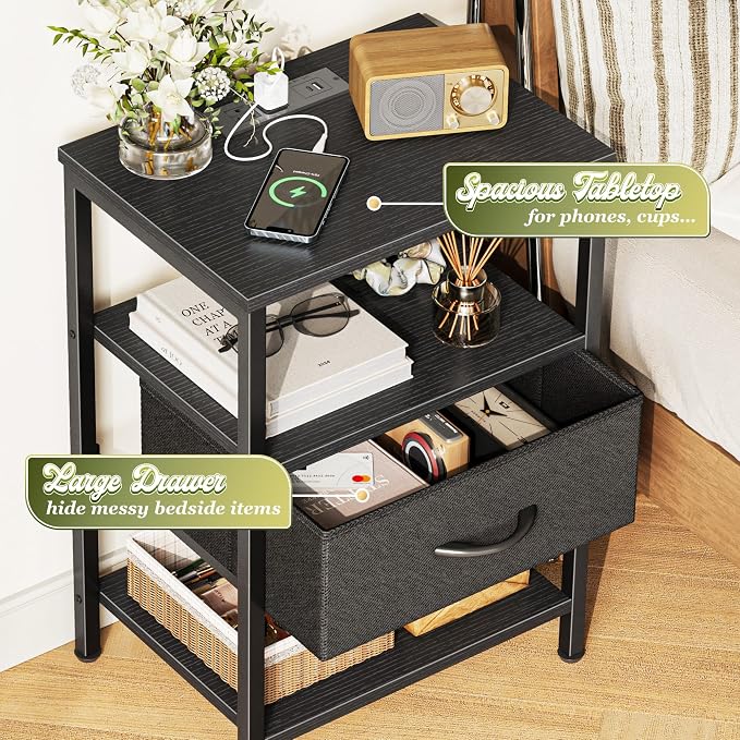 SUPERJARE Nightstand with Charging Station, Bed Side Table with Adjustable Fabric Drawer, Night Stand for Bedroom, 3-Tier Storage End Table, for Living Room, Black - Image 5