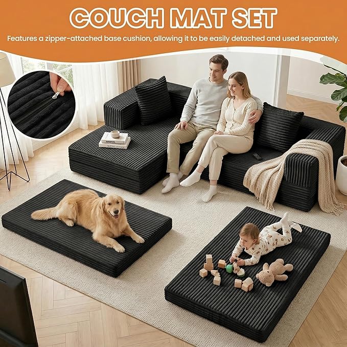 Modular Sectional Sofa, Boneless Convertible Oversized Sleeper Sofa Bed, Modern Tri-Folding Cloud Couch with L-Shape Chaise, Corduroy Futon Couches for Living Room Small Spaces Apartment,No Assembly