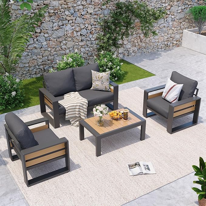 Aoxun Aluminum Patio Furniture Set, 4 Seats Sectional Metal Patio Furniture with Coffee Table, Thick Cushions and Waterproof Cover, Modern Outside Sectional Set for Backyard/Garden/Poolside, Dark Grey