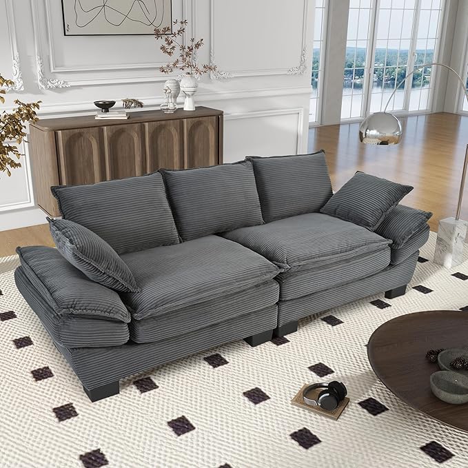 Merax 85.4" Modern Curved Corduroy Fabric Sofa, Back Upholstered Couch with 2 Decorative Throw Pillows for Living Room, Bedroom, Apartment, Gray