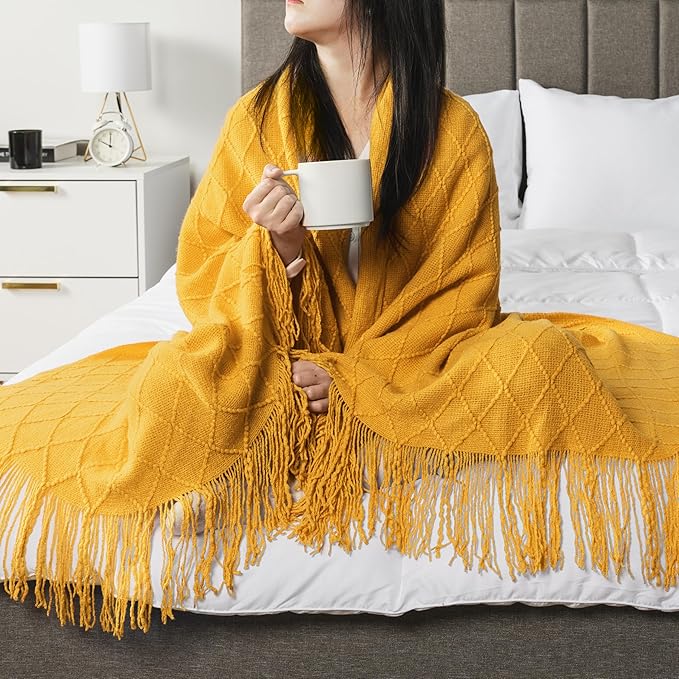 PAVILIA Mustard Yellow Knit Throw Blanket for Couch Bed, Soft Knitted Farmhouse Sofa Throw for Living Room, Lightweight Decorative Fall Throw Blanket for Chair, Outdoor Textured Boho Blanket, 50x60