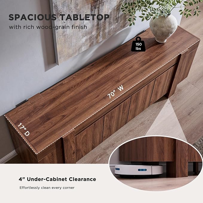 OKD Modern Farmhouse TV Stand, 70" Long Media Console Table with Storage Cabinet, Wooden Entertainment Center for Living Room, Walnut - Image 4