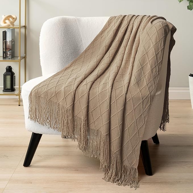 PAVILIA Tan Taupe Knit Throw Blanket for Couch, Twin Bed, Soft Knitted Farmhouse Sofa Throw for Living Room, Lightweight Decorative Fall Blanket for Chair, Outdoor Textured Boho Blanket, 60x80