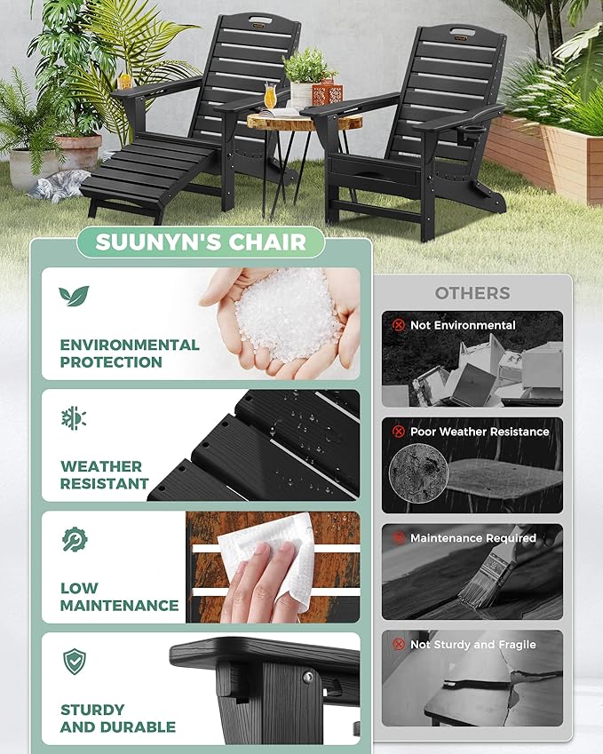 Adjustable Adirondack Chairs Set of 4 with Retractable Ottoman, HDPE Folding Adirondack Chair with Cup Holders, Weather Resistant for Backyard, Poolside & Fire Pit (Black) - Image 6