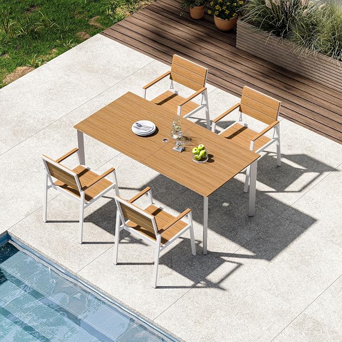 Outdoor Dining Set for 4, Aluminum Patio HDPS Outdooor Table and Chairs Set with Umbrella Hole, All Weather Patio Furniture Set, 5 Peice Patio Dining Table Set (White & Teak) by ComfCove