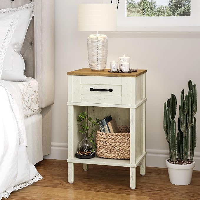 White Farmhouse Nightstand with Drawer, Small Wooden Bedside Table, White End Table, Bedroom Side Table with Storage, Rustic Wood Night Stand LET512WR - Image 3