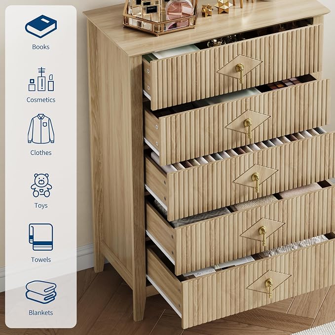 GarveeHome Fluted Dresser for Bedroom, 42.9" Tall 5-Drawer Wood Dresser, Modern Chest of Drawers, Storage Organizer Cabinet for Living Room, Hallway, Entryway, Natural Oak - Image 3