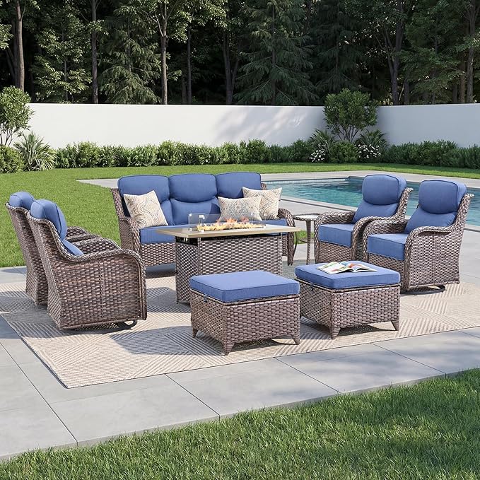 Luxury Patio Furniture Set with 6-inch Thick Cushion, Outdoor Furniture with Fire Pit Table, Swivel Chairs, Sofa, Side Table, Ottomans, 9pcs Wicker Conversation Set for Deck Yard and Poolside(Blue)