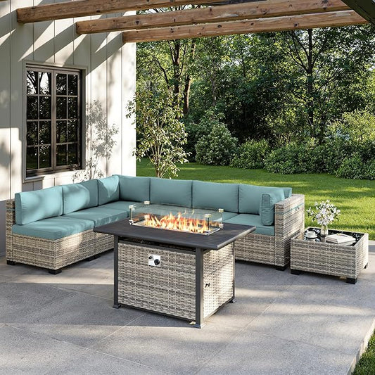 8-Piece Outdoor Patio Furniture Set with 55,000 BTU Fire Pit Table, PE Wicker Rattan Sectional Sofa Conversation Set - All-Weather Garden, Backyard Furniture, Light Blue