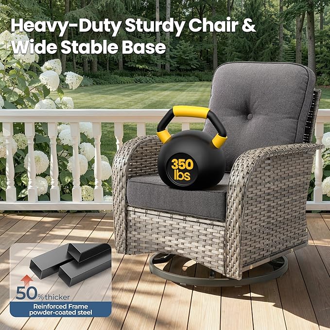 Weaxty Outdoor Swivel Rocker Patio Chairs, 3 Pieces Patio Furniture Set with Rocking Chair and Wicker Side Table, Outdoor Furniture Conversation Set for Porch, Deck, Yard, Balcony, Black