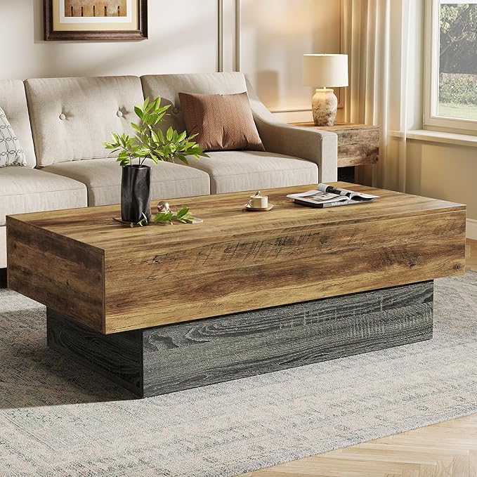 Tribesigns 55-Inch Farmhouse Wood Coffee Table, Rustic Large Rectangle Tea Table, Vintage Center Table for Living Room, Office Reception, Rustic Brown & Grey