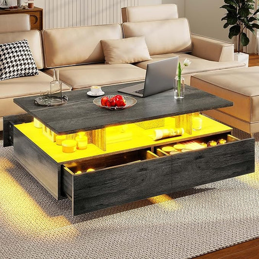 DWVO LED Coffee Table with Storage 4 Drawers, Modern High Glossy Coffee Tables for Living Room, Rectangle Coffee Table Small Center Table with Open Display Shelf & Sliding Drawers, Grey