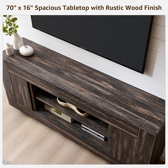 OKD Modern 70" TV Stand, Entertainment Center for TVs Up to 80", Media Console with Large Open Storage & Side Cabinets, Thick Wood Design for Living Room, Dark Rustic Oak - Image 4