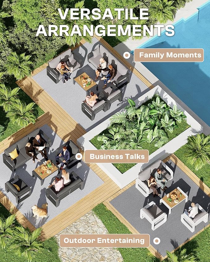 Aluminum Outdoor Patio Furniture Set, 5 Piece Oversized Patio Conversation Sets Widened Armrest & Ultra-Thick Cushions, Heavy Duty Modern Sectional Furniture for Backyard, Porch, Gray
