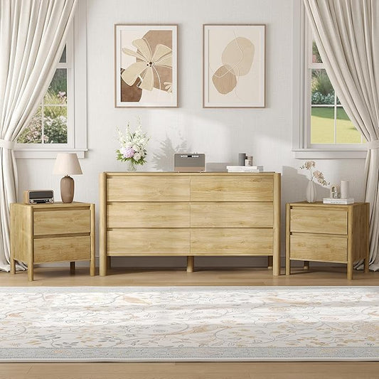 CHUWELL 3-Piece Bedroom Dresser Set-6 Drawer Dresser & 2 Nightstands,47" Wide Dresser and Night Stands with Solid Wood Cylindrical Legs,Rustic Wooden Storage for Bedroom(Oak)