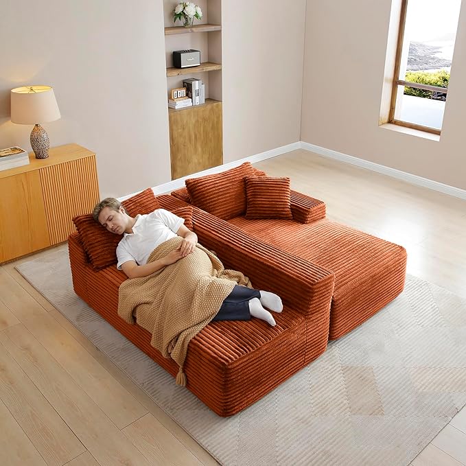105-Inch L-Shaped Right Facing Corner Compressed Sofa Modular Sectional Boneless Cloud Sofa Floor Foam Couch with Chaise Lounge, Corduroy Corner Boneless Cloud Couch