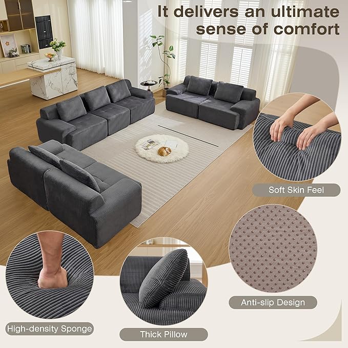 Modular Sectional Sofa, Boneless Couches for Living Room, Corduroy Couch, Big Comfy Couch, Modular Cloud Sofa with Deep Seat (Grey, 7 Pieces-Rowshape 3 Side)