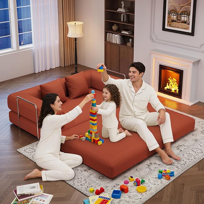 4-in-1 Foldable Sofa Bed Teddy Fabric Foam-Filled Compressed Couch, Convertible Loveseat Sofa, Boneless FoldingSleeper for Living Room, Guest Bed, Playroom (Orange, 59” 2 Seat)