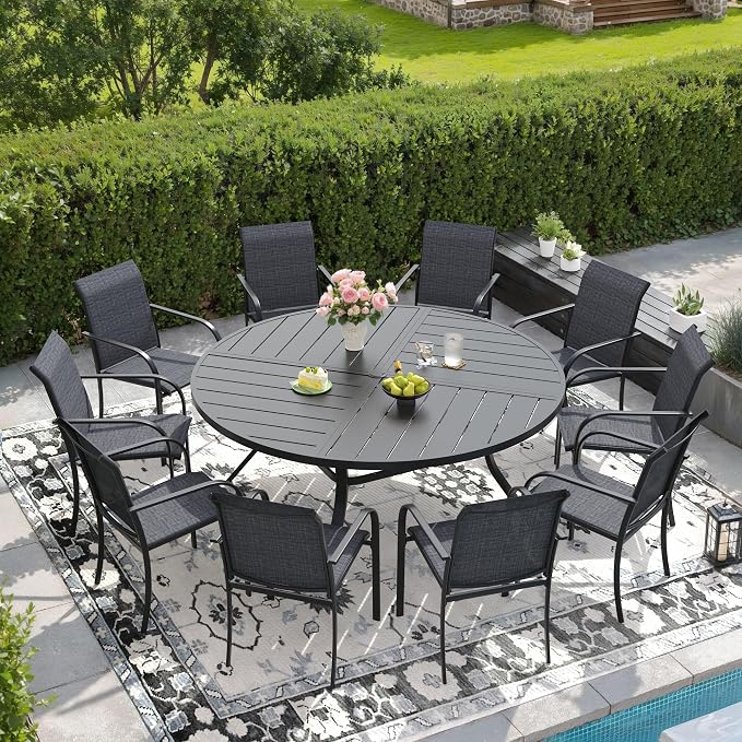 DIFY Patio Dining Set for 10, 11 Piece Outdoor Table and Chairs Set, 59.8" Black Round Metal Patio Dining Table and 10 Grey Textilene Stackable Patio Chairs, for Backyard Garden Poolside by DIFY