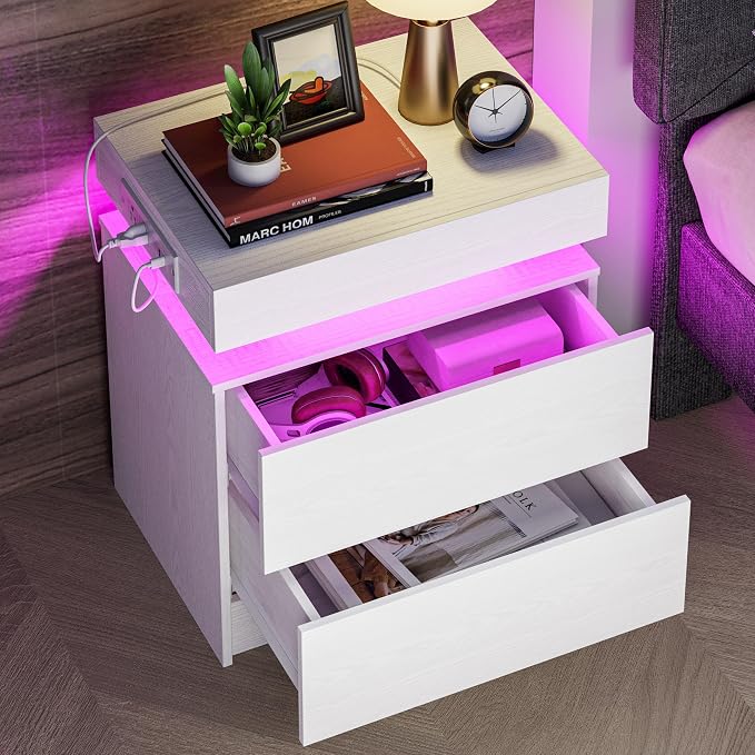 LIKIMIO Night Stand with Charging Station, Modern White Nightstand with LED Light and Drawers, Bedside Tables/End Table for Bedroom - Image 2