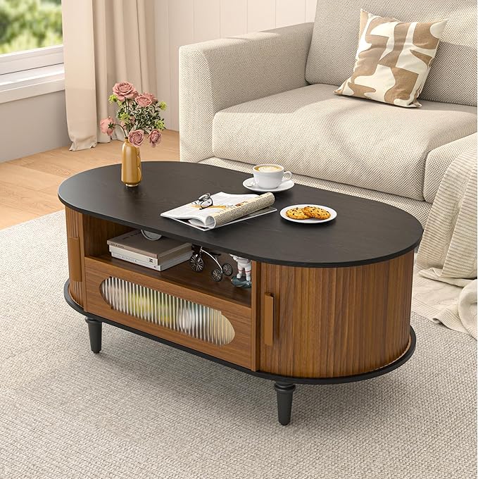 Fluted Round Coffee Table with Storage, Modern Oval Coffee Table with Drawer, Sliding Door, Low Small Center Tables for Living Room, Wooden Boho, Mid Century, Unique, Black and Walnut