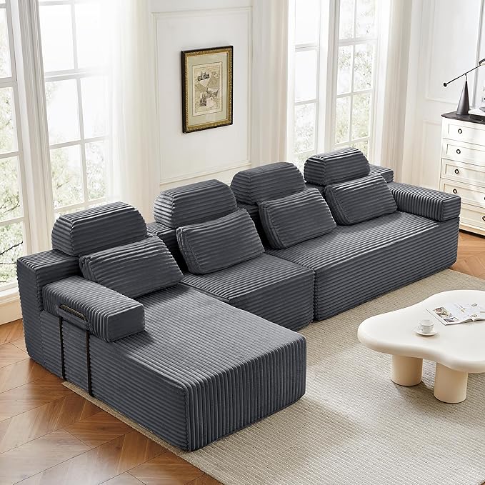 136" L-Shaped Cloud Modular Sectional Sofa with Chaise & Headrest, Boneless Deep Seat Plush Corduroy Couches for Large Living Room, No Assembly Required (Dark Gray, 136" L-shapred Chaise)