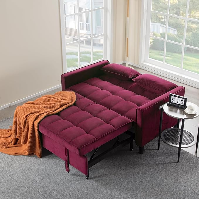 3 in 1 Convertible Sofa Bed, Love Seat Sleeper Bed with Side Pockets, Velvet Fabric Pull Out Couch with Adjustable Backrest for Living Room, Bedroom, Apartment, Purplish-Red