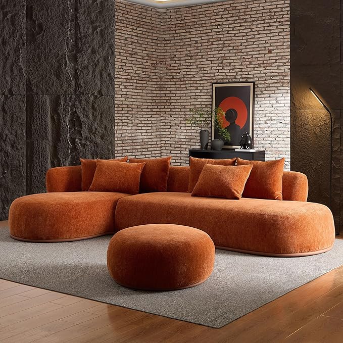KEIKI 135" L-Shaped Oversized Boucle Sectional Sofa with Left Chaise, Modern 5-Seater Polyester Curved Couch with PU Leather Base, 1 Ottoman & 6 Pillows, No Assembly Required, for Living Room, Orange