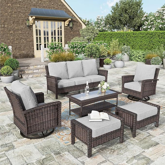 HERA'S HOUSE Patio Furniture Set with High Back Swivel Chair, 6-Piece Outdoor Wicker Sectional Conversation Set with Ottomans, 3-Seat Couch with Rattan Table for Garden Backyard, Gray