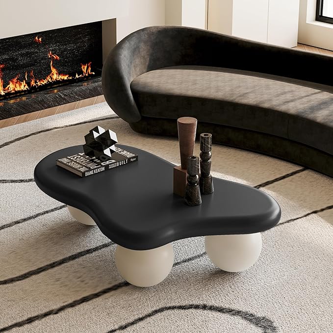 40” Cloud Coffee Table with 3 Ball Legs, Modern Irregular Center Table for Living Room, Low Cute Small MDF Tea Table for Bedroom, Space Apartment-Black White