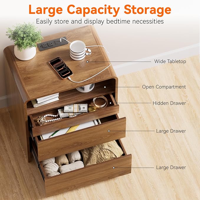 Modern Nightstand Set of 2 23.8" Walnut Nightstands with Hidden Drawers Wood Modern Bedside Table Curved Profile Night Stands for Bedrooms Set of 2 - Image 4