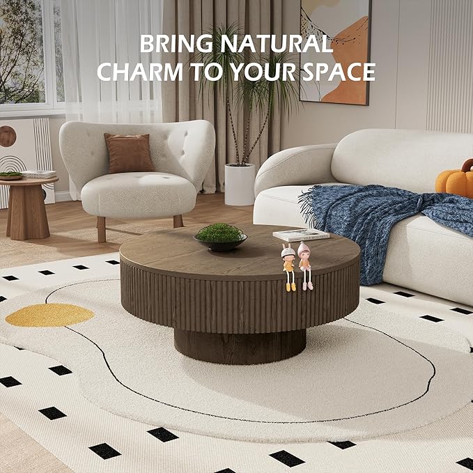 YOUDENOVA 35” Round Fluted Coffee Table, Modern Wood Circle Coffee Table, Veneer Handcrafted Relief Tea Table with Sturdy Pedestal for Living Room, Easy Assembly - Brown
