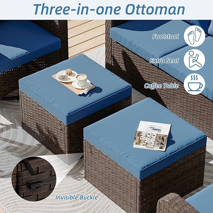 HOMREST 5 Piece Outdoor Patio Furniture Set-360 Wicker Swivel Chairs Set of 2 w/ 2 Ottoman, Coffee Table & Cushions Patio Bistro Set for Garden, Balcony (Navy)