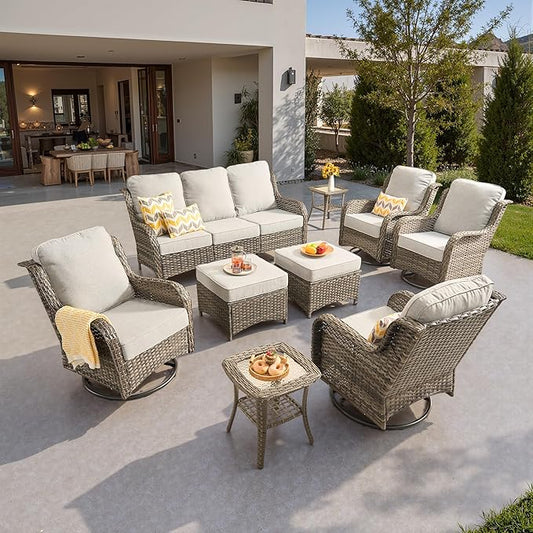 ovios 9-Piece Patio Furniture Set with Swivel Chairs Coffee Table, Outdoor Wicker Sofa with Comfy Cushions, High Back Couch Modern Conversation Sets, Grey/Grey