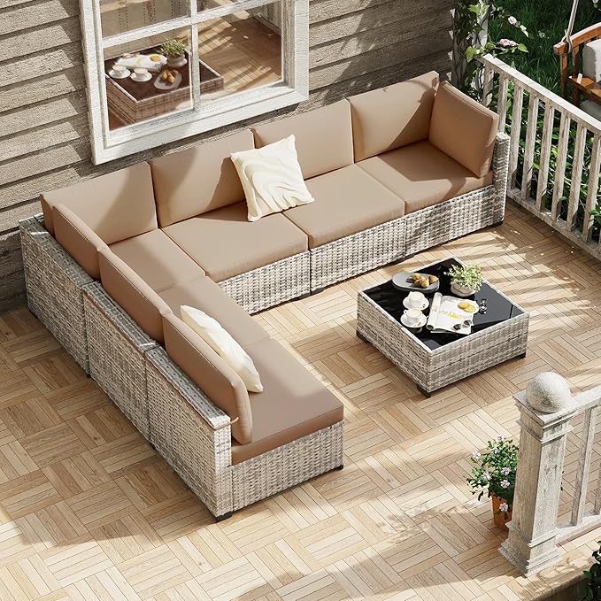 KIGOTY Patio Furniture Set,7 Pieces Modular Outdoor Sectional Sofa, PE Rattan Patio Conversation Set, All Weather Wicker Patio Furniture with Cushions and Coffee Table（Grey White/Camel）