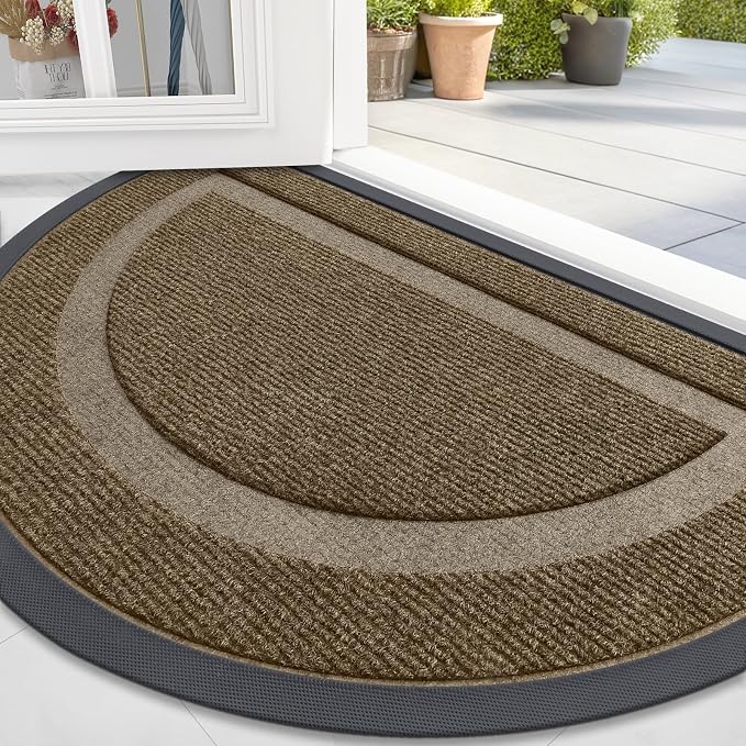 OLANLY Half Circle Door Mat Indoor Outdoor Entrance Welcome, Waterproof All-Season, All-Weather Doormat, Sturdy Natural Rubber, Low Profile, Easy Clean Patio Porch Entryway Mat, 47x32, Brown by OLANLY