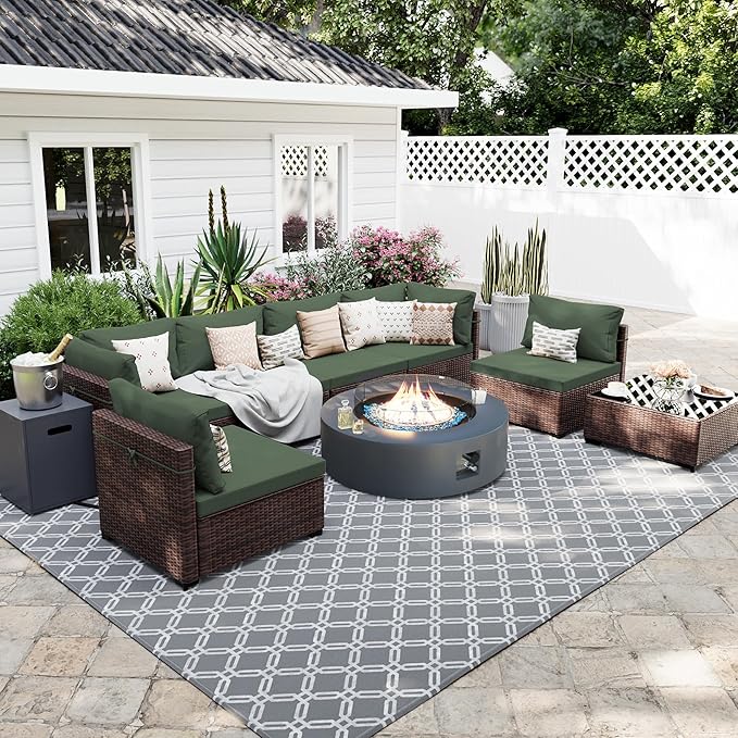 UPHA 9 Pieces Patio Furniture Sets, Wicker Outdoor Sectional Sofa Couch with Round Propane Pit for Deck Backyard Garden, Brown Rattan, Pine Green Cushion