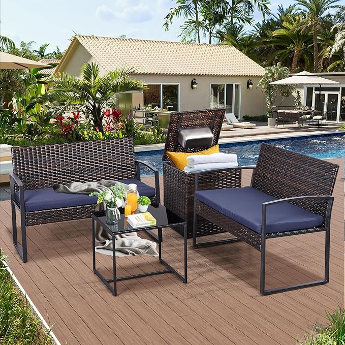 FHFO 4 Piece Outdoor Patio Furniture Set with Built-in Beverage Cooler Storage Box, Wicker Conversation Sets Patio Outdoor Loveseats & Coffee Table for Outside, Garden, Balcony, Porch, Brown/Blue