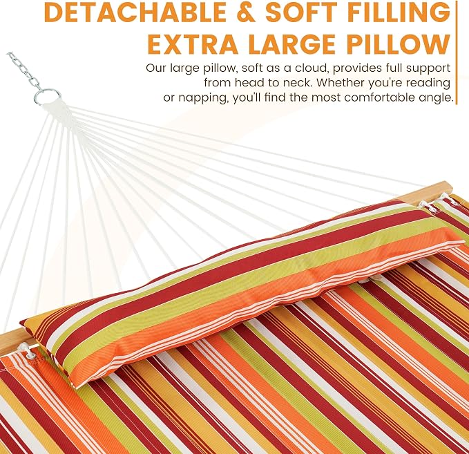 Lazy Daze Hammocks 12 FT Quilted Fabric Double Hammock with Spreader Bars and Detachable Pillow, 450lbs Weight Capacity, Vivid Stripe - Image 3