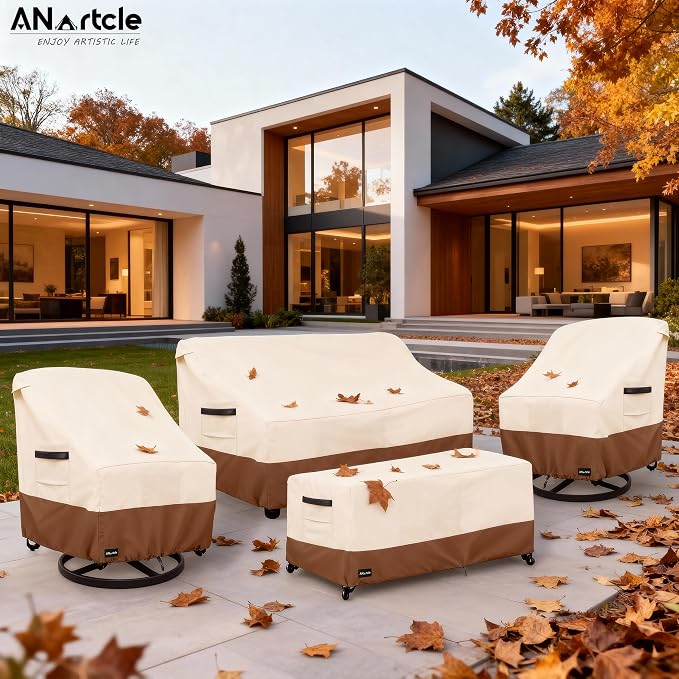 ANartcle Patio Furniture Covers 4 Piece Set, 600D Waterproof Heavy Duty Outdoor Furniture Covers,Fit Wicker Patio Sofa, Swivel Rocker Chair and Coffee Table,Beige&Brown - Image 7