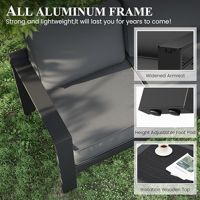 Aluminum Patio Furniture Set, 7 Piece Metal Outdoor Set, Patio Furniture Set with Waterproof Covers for Backyard Garden（Grey）