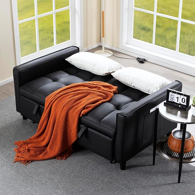 3 in 1 Convertible Sofa Bed, Love Seat Sleeper Bed with Side Pockets, PU Fabric Pull Out Couch with Adjustable Backrest for Living Room, Bedroom, Apartment, Black