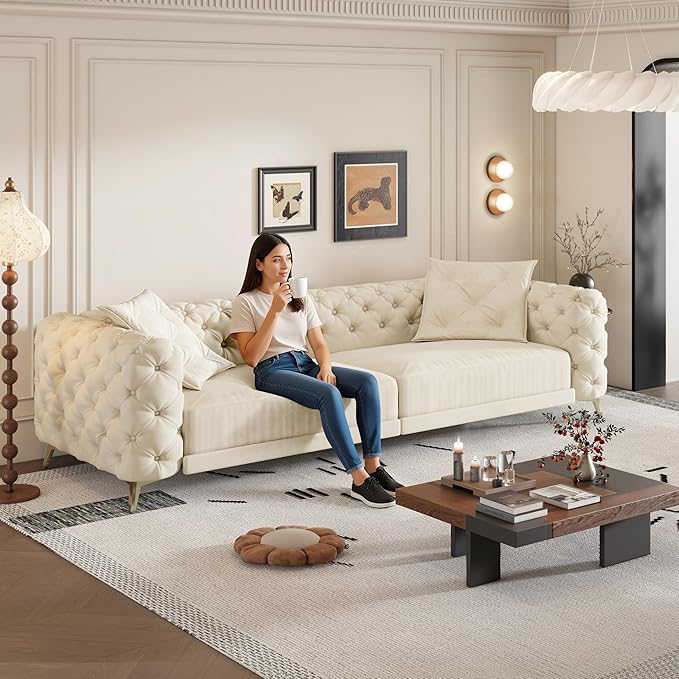 Ball & Cast 3-in-1 Convertible Sleeper Sofa with Movable Ottoman,97.7" Velvet Pull Out Sofa Bed, Modern Button Tufted 4-Seater Sofa Couch with Deep Seat for Living Room, Apartment,Office,Beige